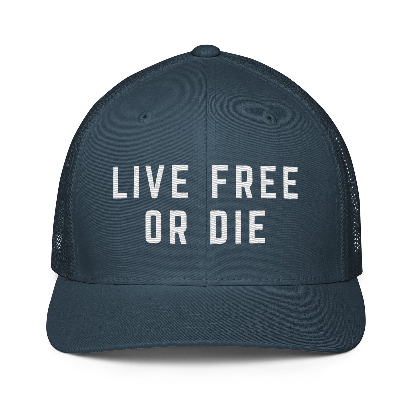 Embroidered "LIVE FREE OR DIE" | Closed-Back Trucker Cap | Flexfit 6511 Flexfit 6511 Gun Beaver Navy
