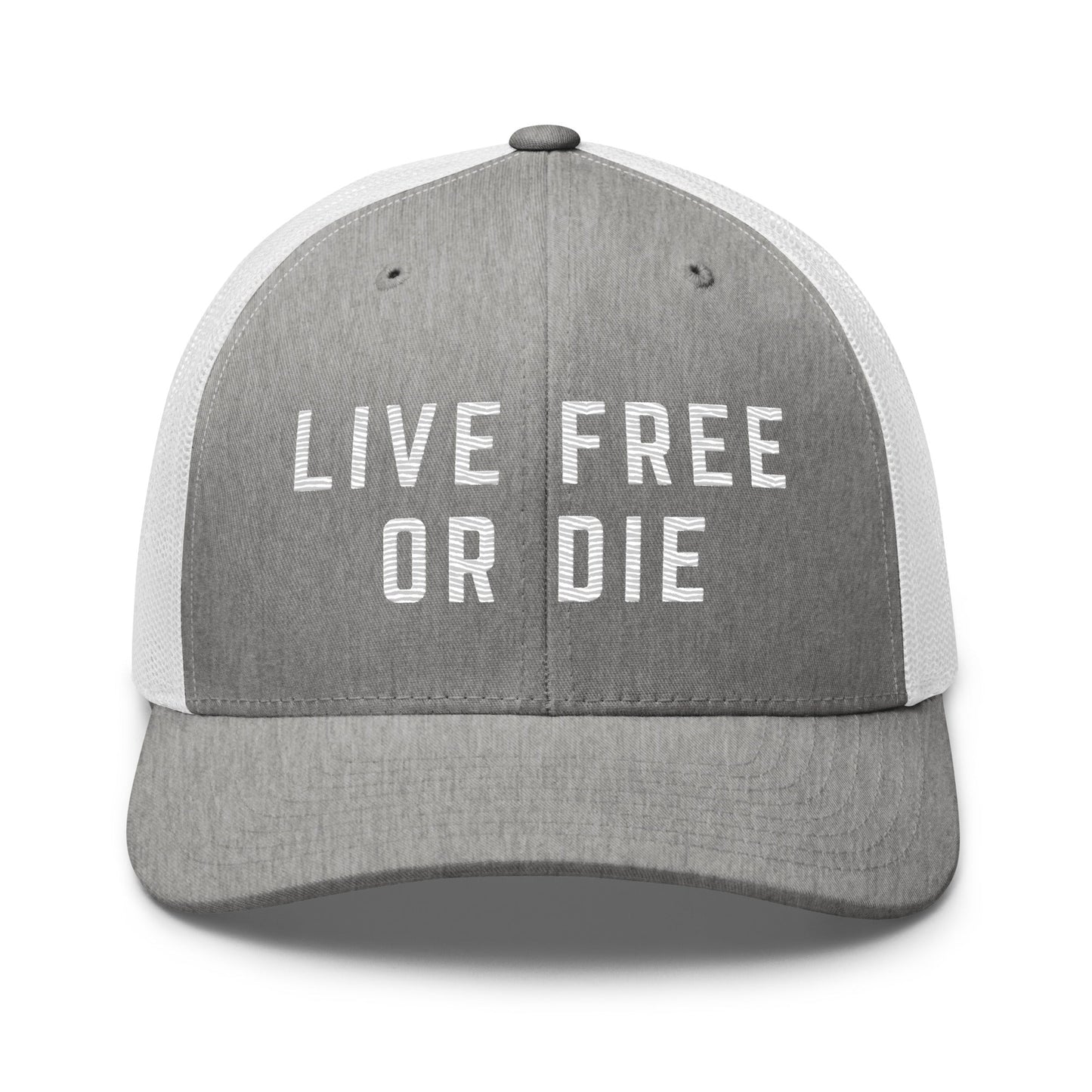 Embroidered "LIVE FREE OR DIE" | Retro Trucker Cap Retro Trucker Cap Gun Beaver Heather Grey/White