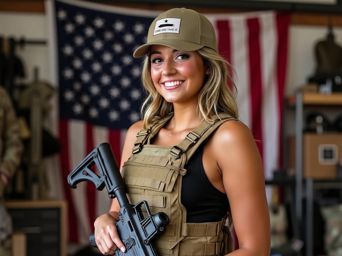 Come and Take It Gonzales Flag Richardson 112 trucker cap, worn by female model