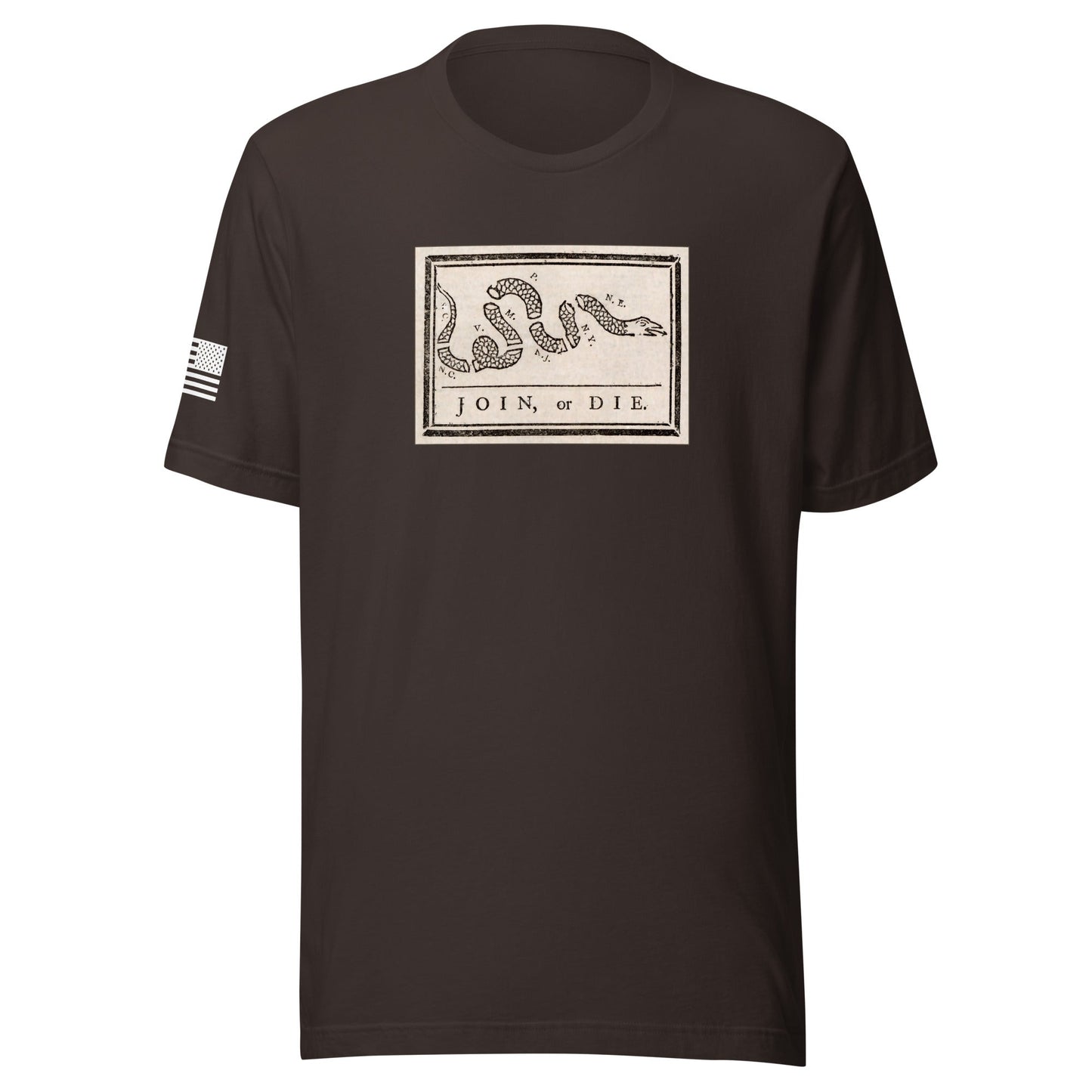 "Join or Die" Flag | Short Sleeve Jersey T-Shirt | Bella + Canvas T-Shirt Gun Beaver Brown S