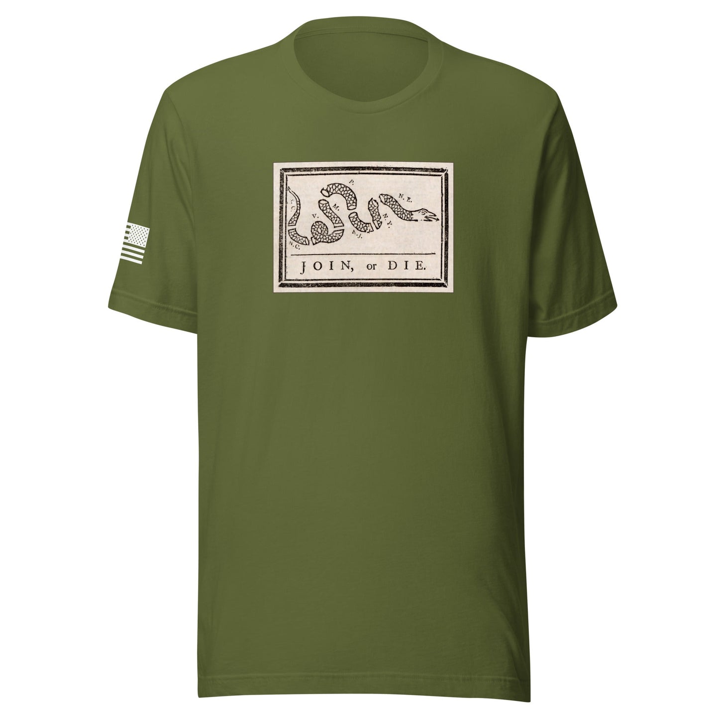 "Join or Die" Flag | Short Sleeve Jersey T-Shirt | Bella + Canvas T-Shirt Gun Beaver Olive S