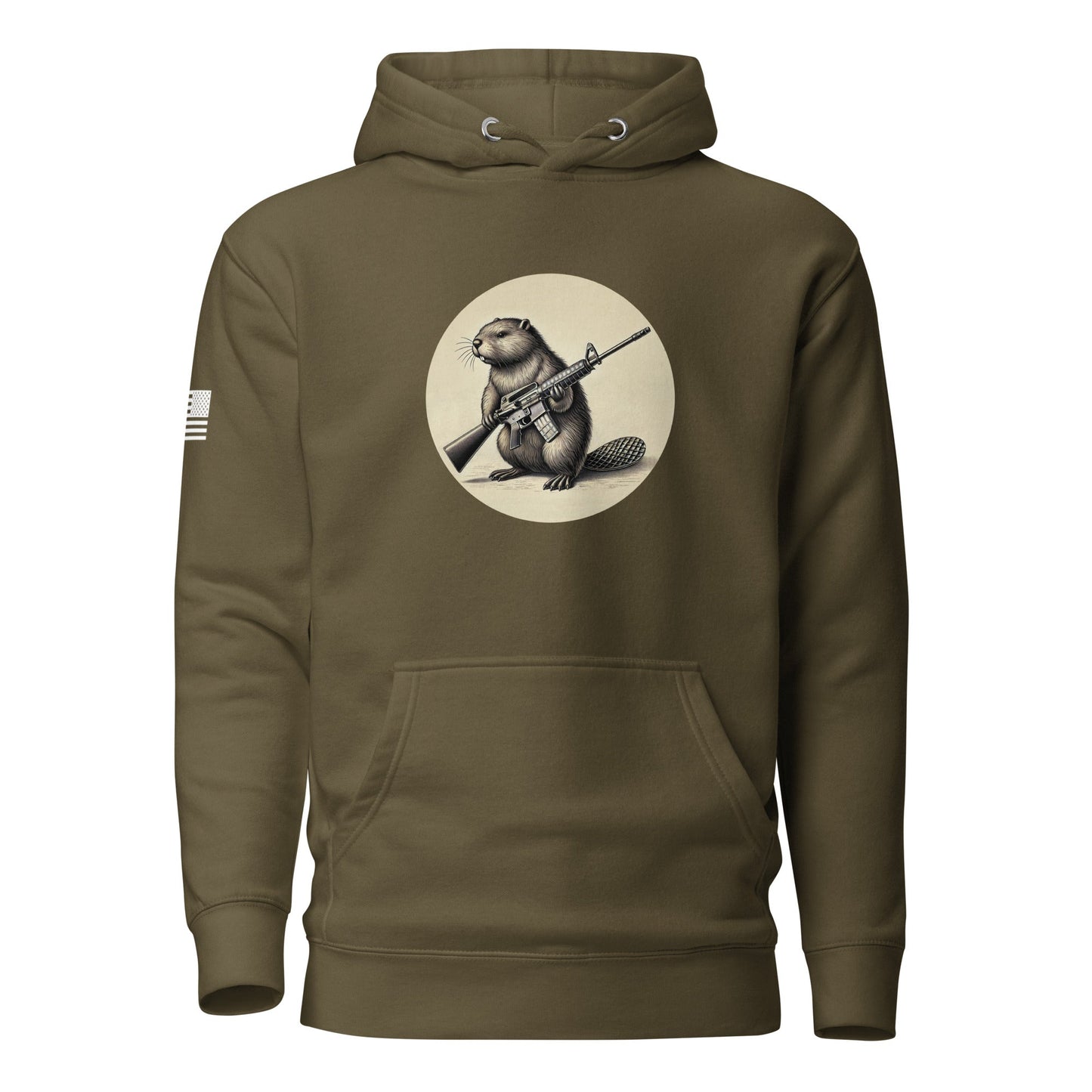 Strapped Beaver | Premium Cotton Hoodie Cotton Hoodie Gun Beaver Military Green S