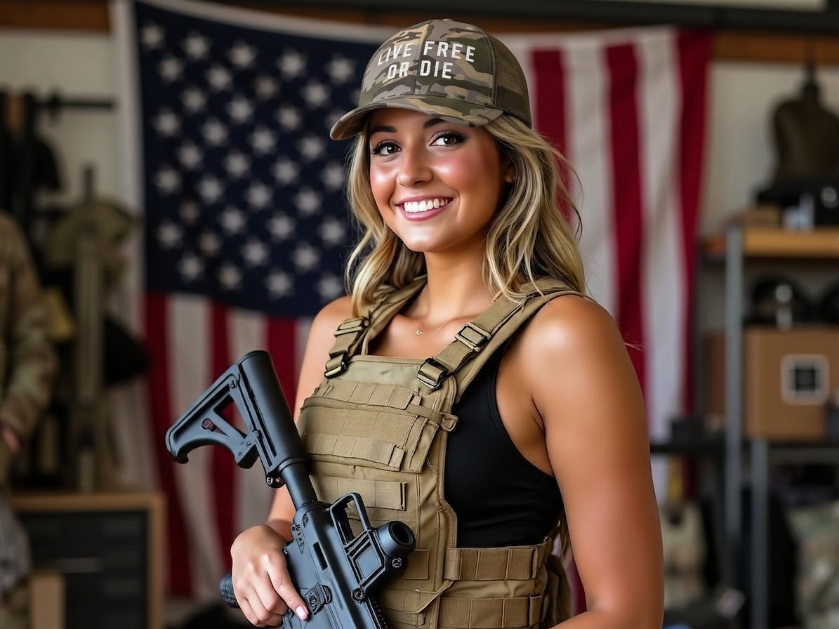 Woman wearing Gun Beaver Live Free or Die camo cap with tactical vest and rifle, angled pose
