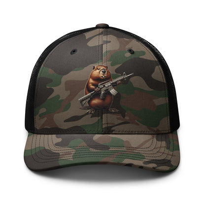 Embroidered Gun Beaver Clutching Rifle | Camouflage Trucker Cap Camouflage Trucker Cap Gun Beaver Camo/Black  