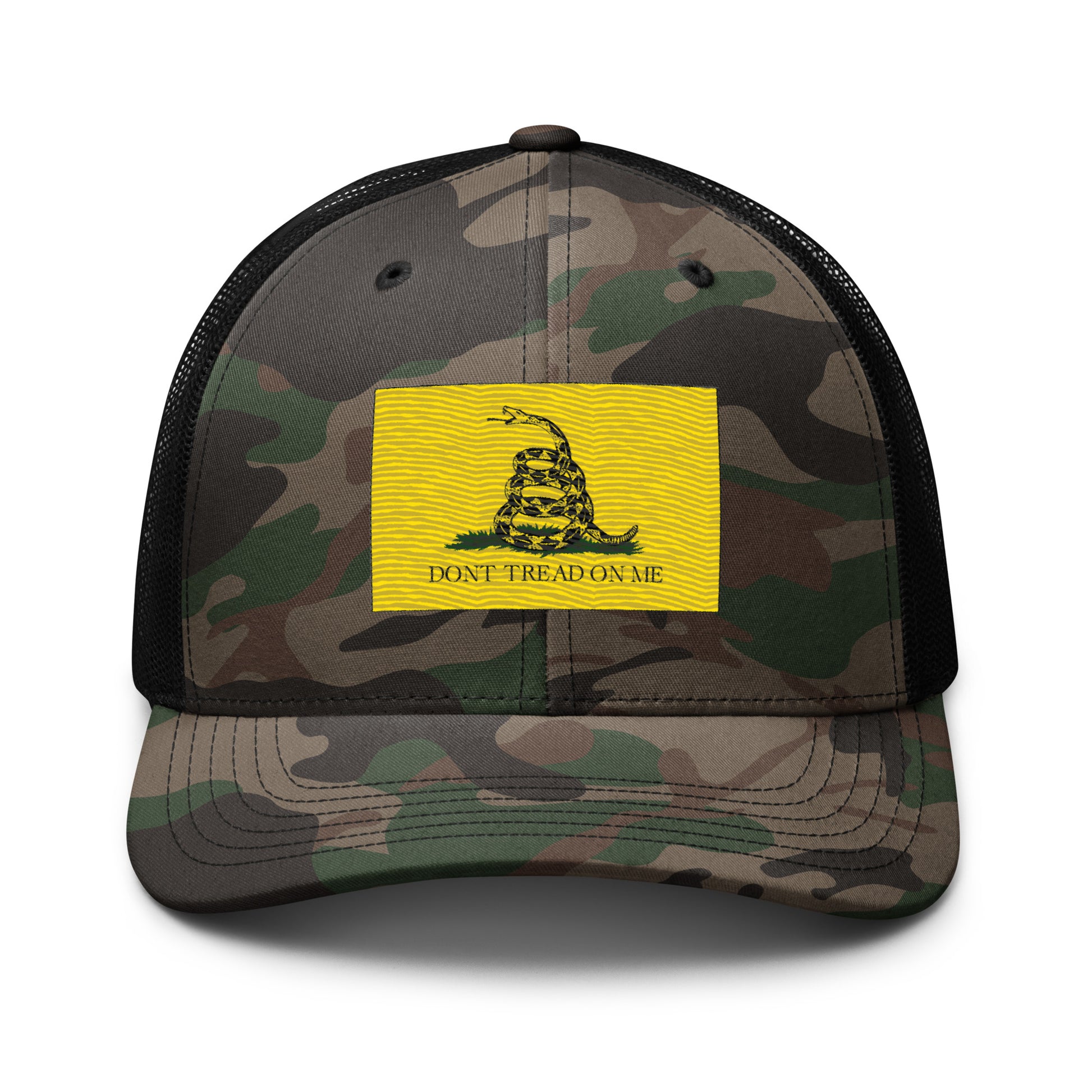 Embroidered "Don't Tread on Me" Gadsden Flag | Camouflage Trucker Cap Camouflage Trucker Cap Gun Beaver Camo/Black  