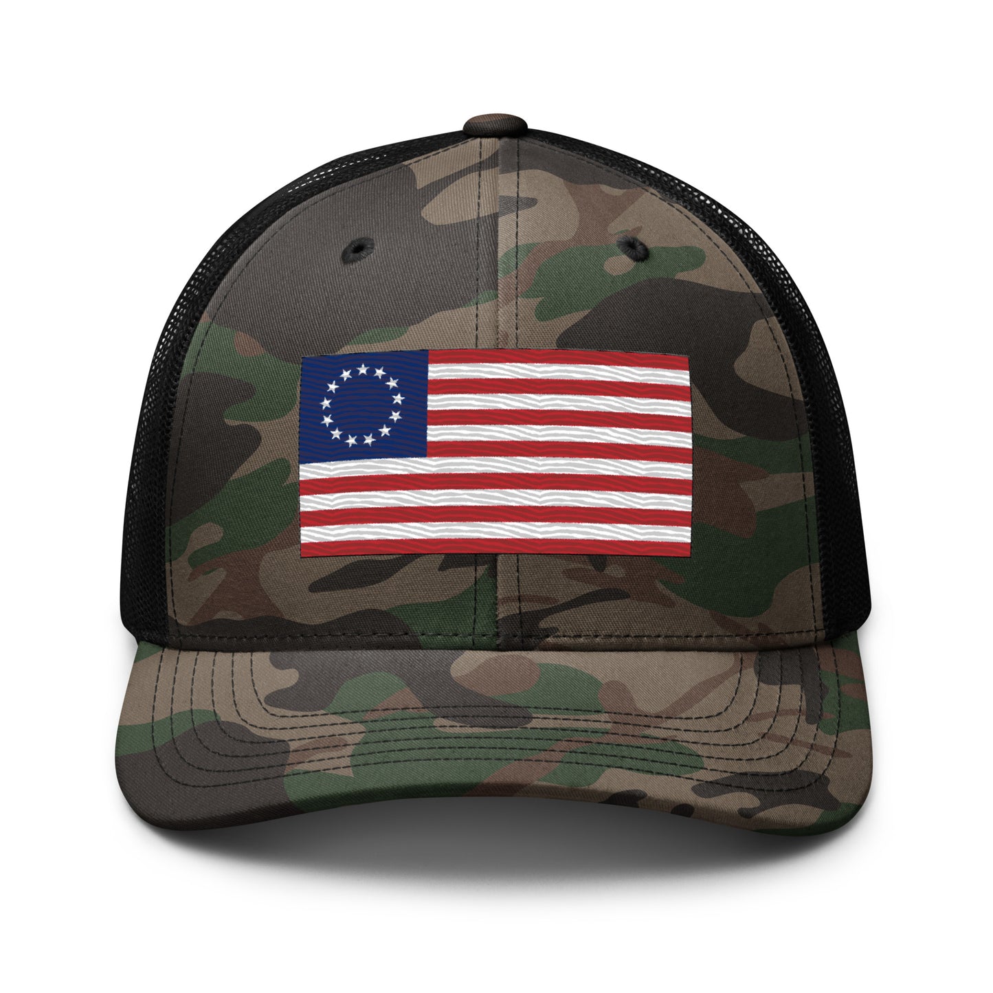 Embroidered Betsy Ross Flag | Camouflage Trucker Cap Camouflage Trucker Cap Gun Beaver Camo/Black  