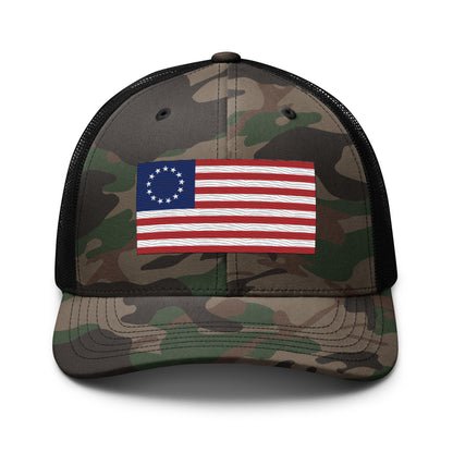 Embroidered Betsy Ross Flag | Camouflage Trucker Cap Camouflage Trucker Cap Gun Beaver Camo/Black  