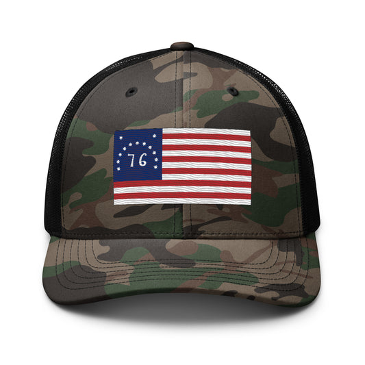 Embroidered Bennington Flag | Camouflage Trucker Cap Camouflage Trucker Cap Gun Beaver Camo/Black  