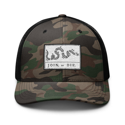 Embroidered “Join or Die" Flag | Camouflage Trucker Cap Camouflage Trucker Cap Gun Beaver Camo/Black  