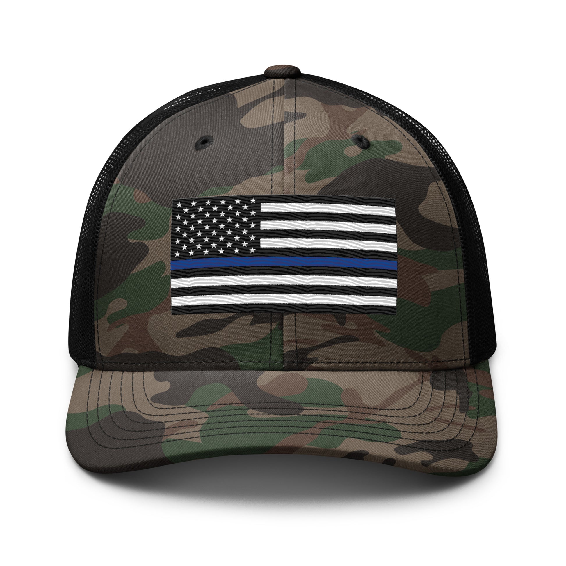 Embroidered Thin Blue Line Flag | Camouflage Trucker Cap Camouflage Trucker Cap Gun Beaver Camo/Black  