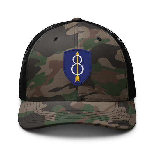 Embroidered 8th Infantry Division Insignia ("Pathfinder") | Camouflage Trucker Cap Camouflage Trucker Cap Gun Beaver Camo/Black  