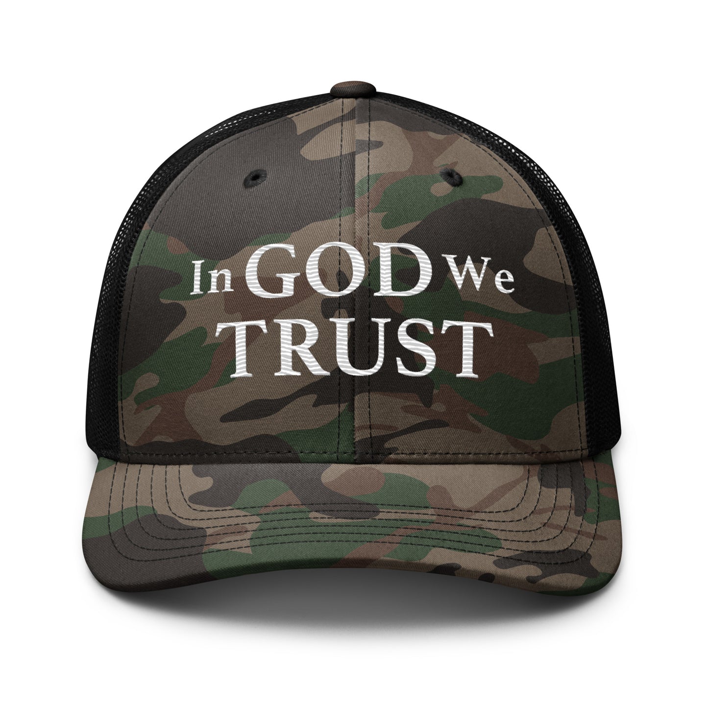 Embroidered "In God We Trust" | Camouflage Trucker Cap Camouflage Trucker Cap Gun Beaver Camo/Black  