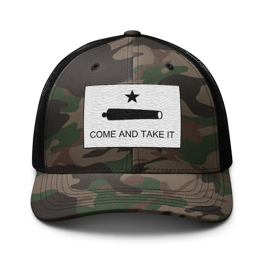 Embroidered "Come and Take It" Gonzales Flag | Camouflage Trucker Cap Camouflage Trucker Cap Gun Beaver Camo/Black  