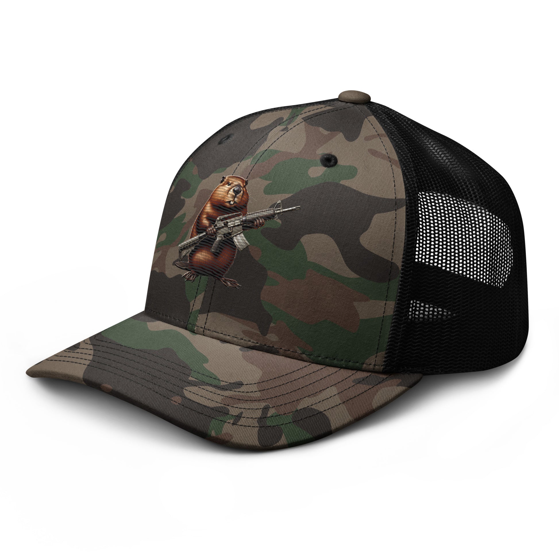 Embroidered Gun Beaver Clutching Rifle | Camouflage Trucker Cap Camouflage Trucker Cap Gun Beaver   