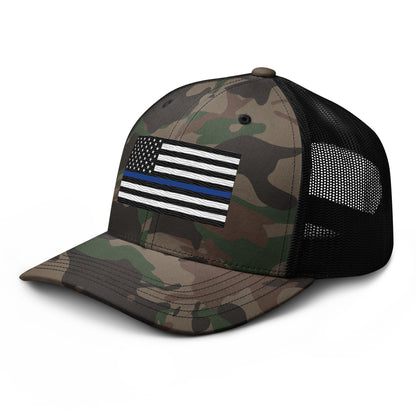 Embroidered Thin Blue Line Flag | Camouflage Trucker Cap Camouflage Trucker Cap Gun Beaver   