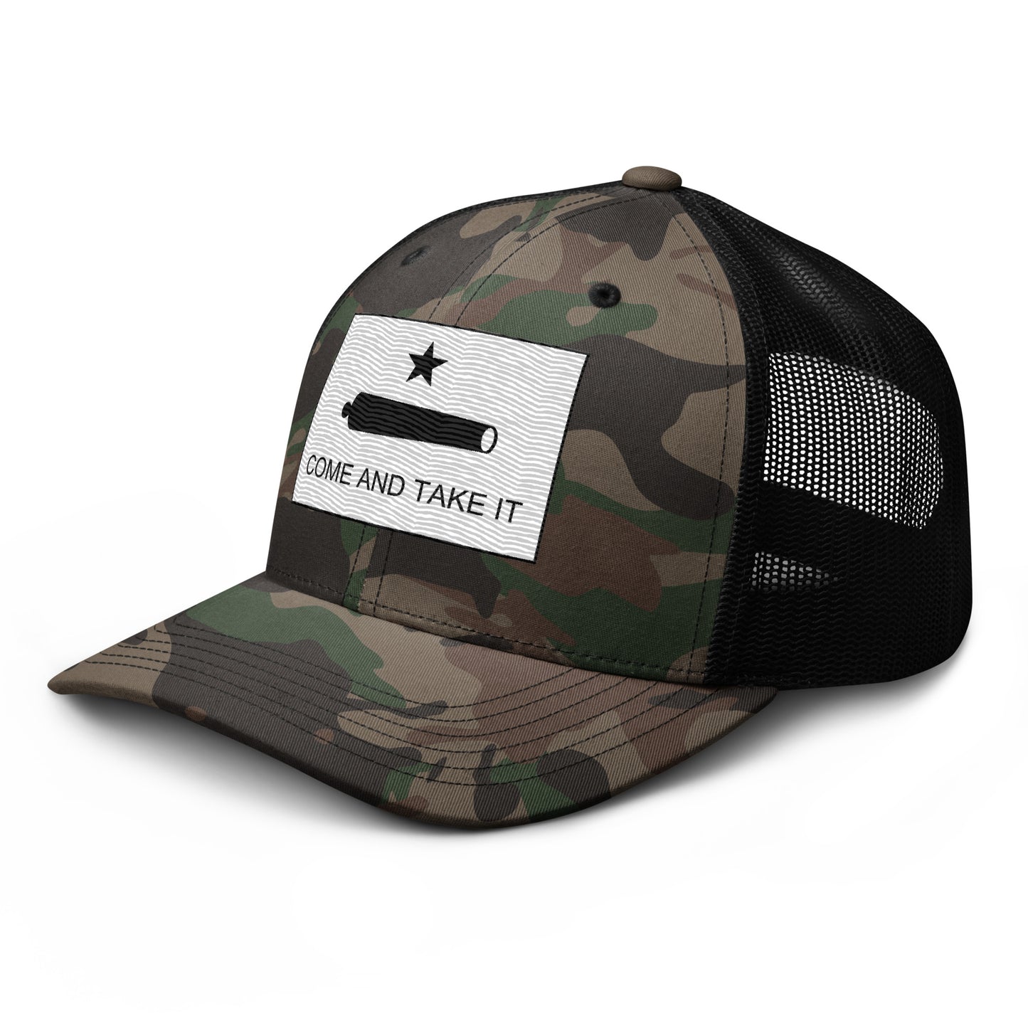 Embroidered "Come and Take It" Gonzales Flag | Camouflage Trucker Cap Camouflage Trucker Cap Gun Beaver   