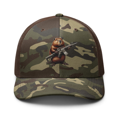 Embroidered Gun Beaver Clutching Rifle | Camouflage Trucker Cap Camouflage Trucker Cap Gun Beaver Camo/Brown  