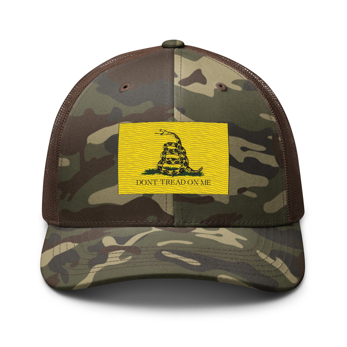 Embroidered "Don't Tread on Me" Gadsden Flag | Camouflage Trucker Cap Camouflage Trucker Cap Gun Beaver Camo/Brown  