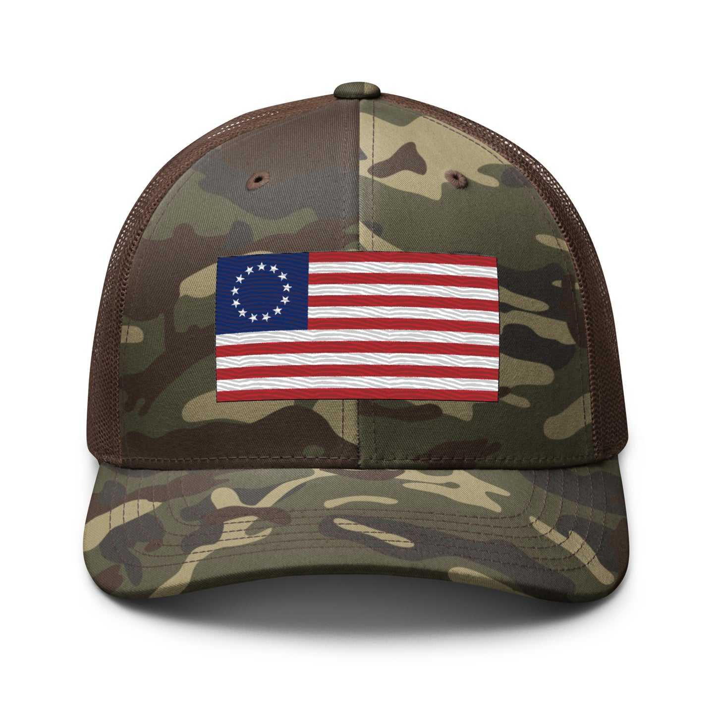 Embroidered Betsy Ross Flag | Camouflage Trucker Cap Camouflage Trucker Cap Gun Beaver Camo/Brown  