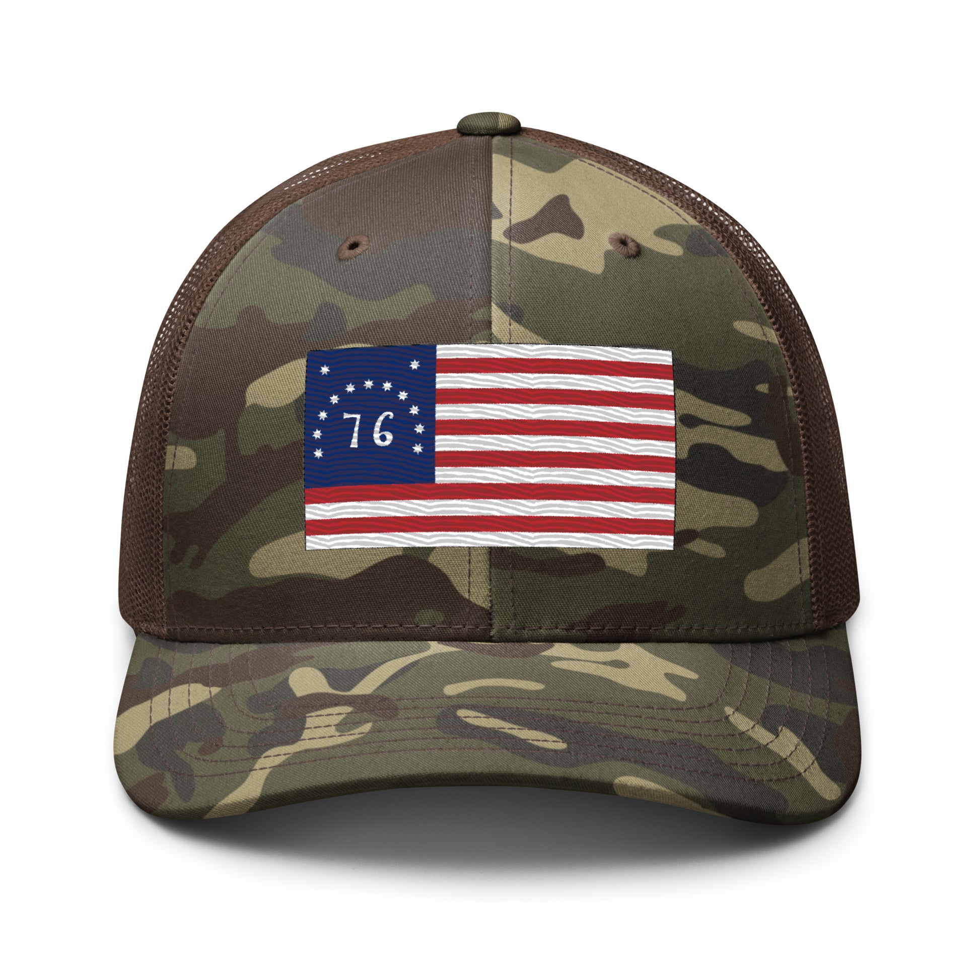 Embroidered Bennington Flag | Camouflage Trucker Cap Camouflage Trucker Cap Gun Beaver Camo/Brown  