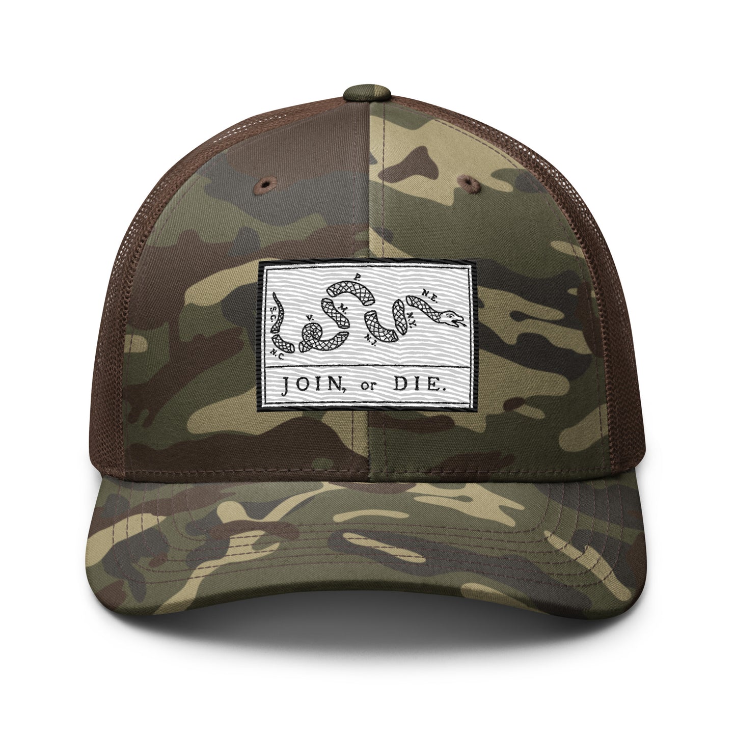 Embroidered “Join or Die" Flag | Camouflage Trucker Cap Camouflage Trucker Cap Gun Beaver Camo/Brown  