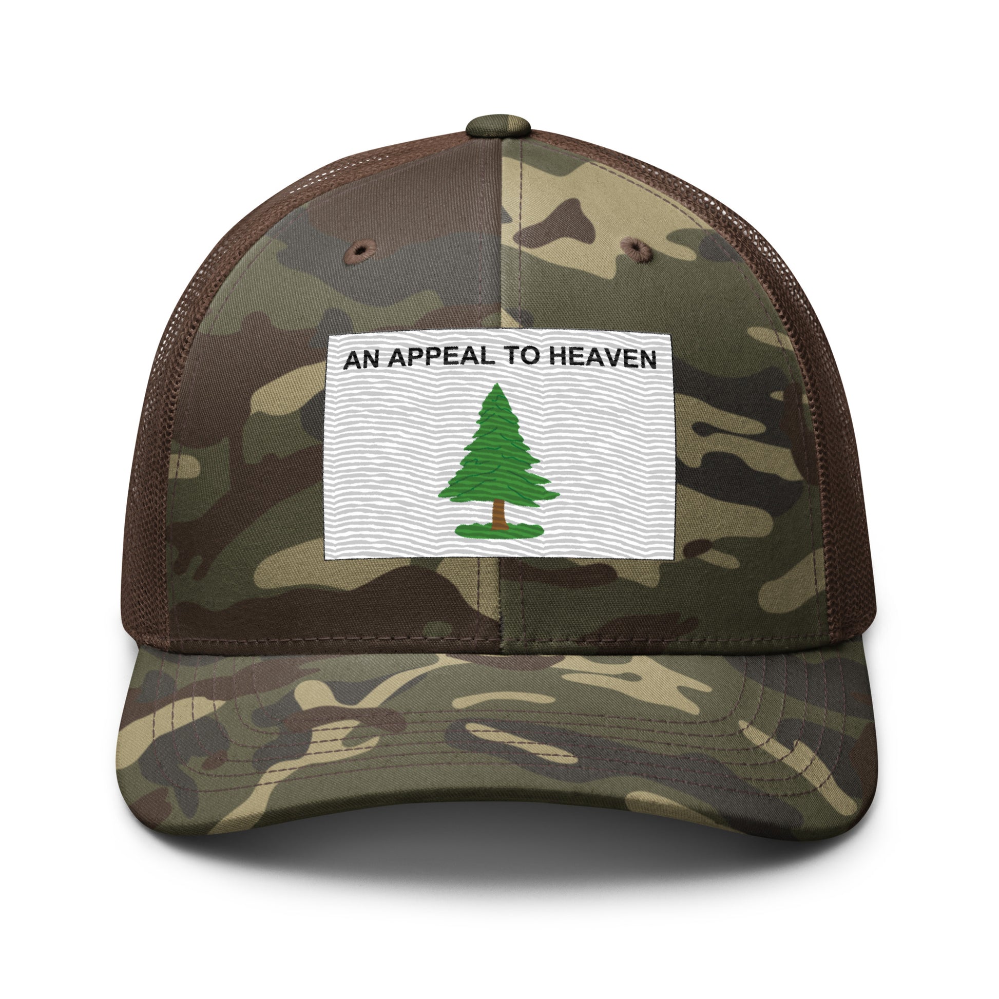 Embroidered "An Appeal to Heaven" Flag | Camouflage Trucker Cap Camouflage Trucker Cap Gun Beaver Camo/Brown  