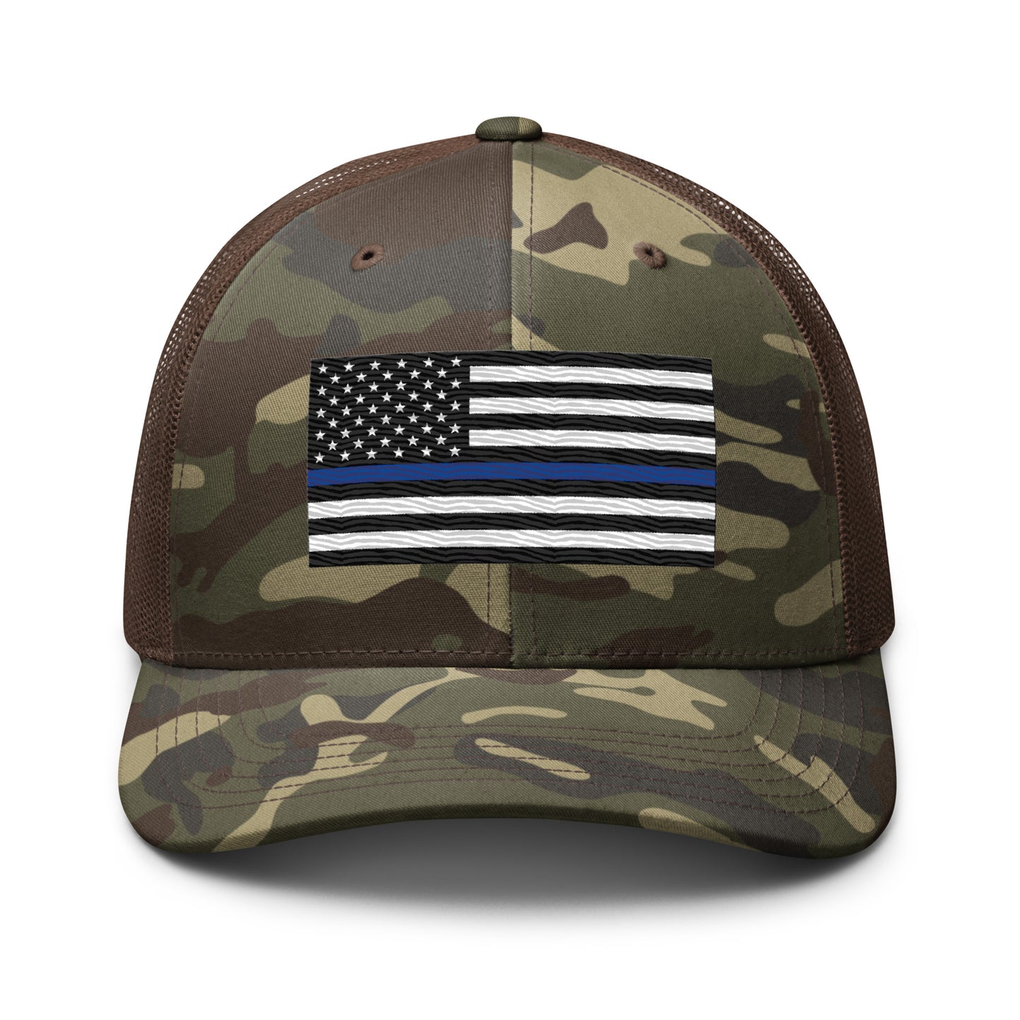 Embroidered Thin Blue Line Flag | Camouflage Trucker Cap Camouflage Trucker Cap Gun Beaver Camo/Brown  