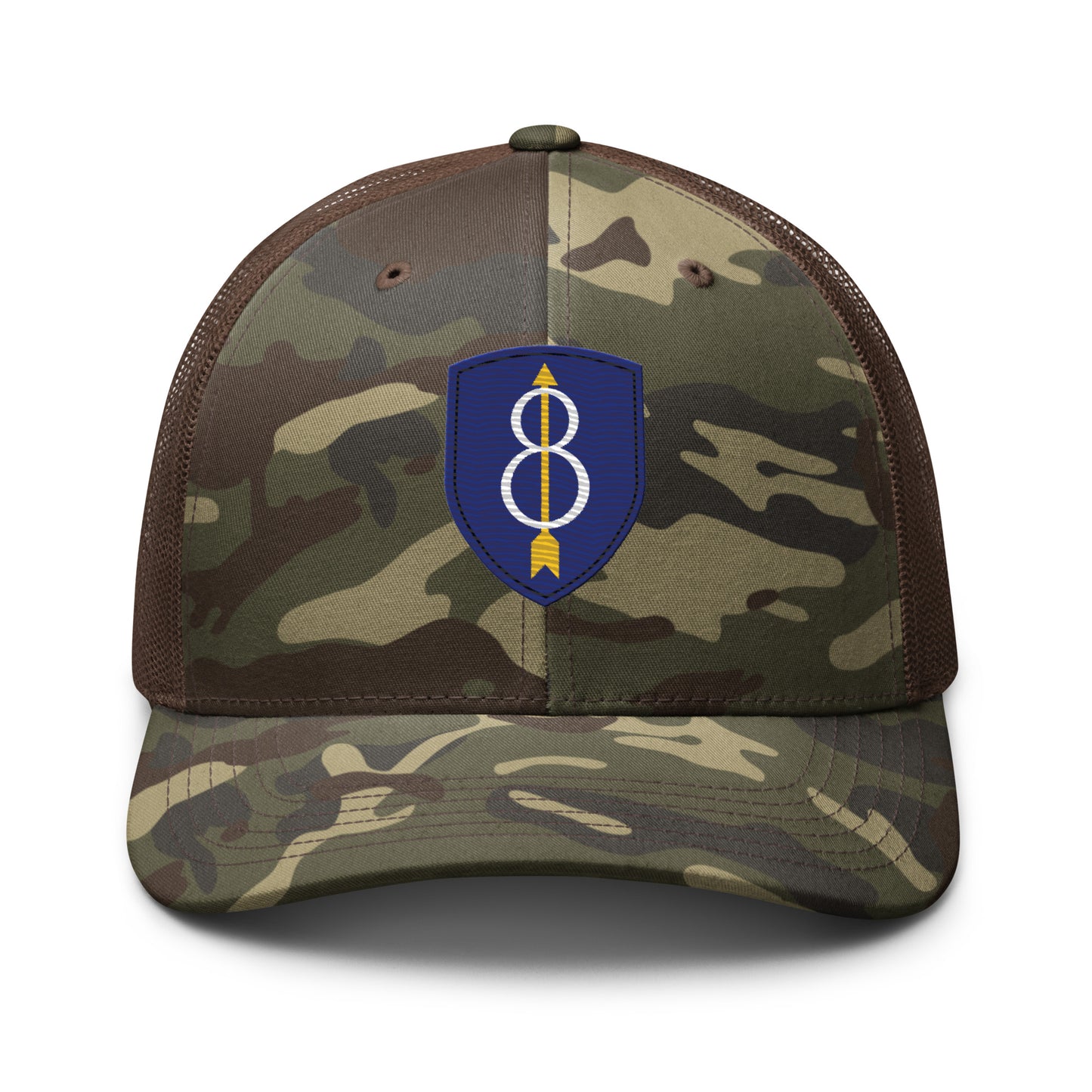 Embroidered 8th Infantry Division Insignia ("Pathfinder") | Camouflage Trucker Cap Camouflage Trucker Cap Gun Beaver Camo/Brown  