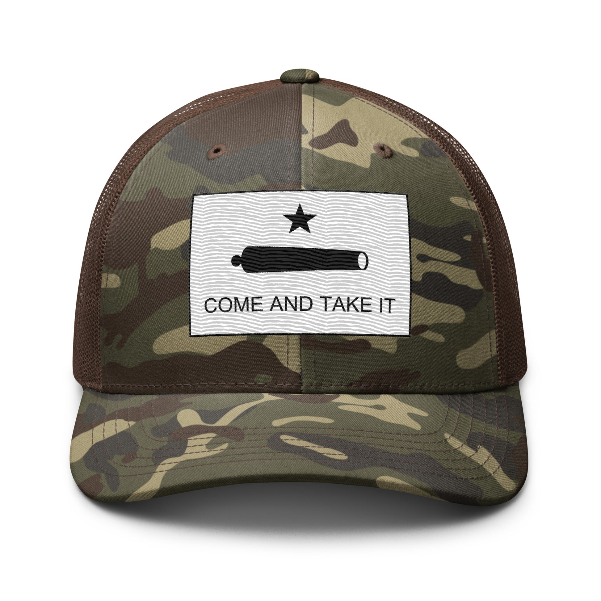 Embroidered "Come and Take It" Gonzales Flag | Camouflage Trucker Cap Camouflage Trucker Cap Gun Beaver Camo/Brown  