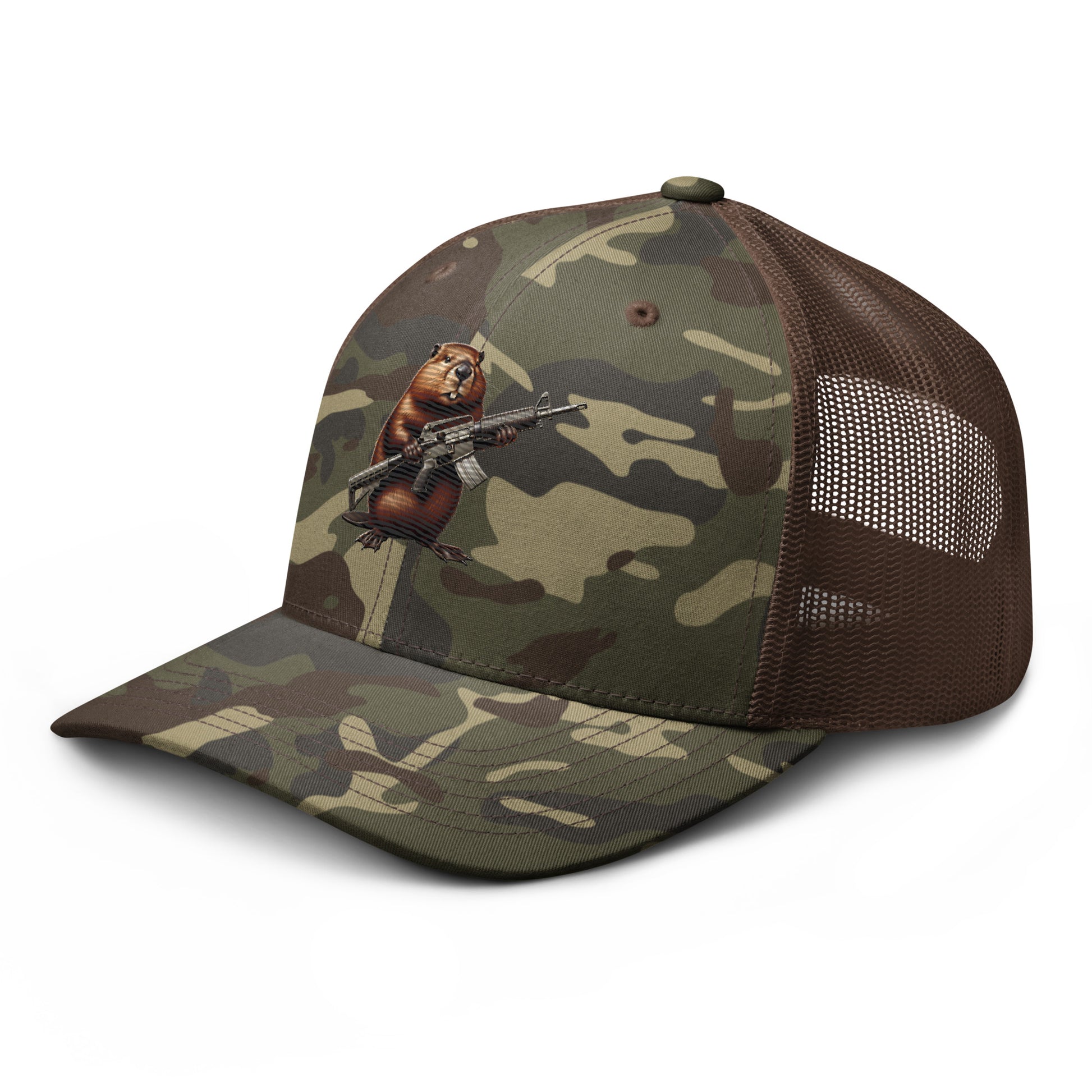 Embroidered Gun Beaver Clutching Rifle | Camouflage Trucker Cap Camouflage Trucker Cap Gun Beaver   