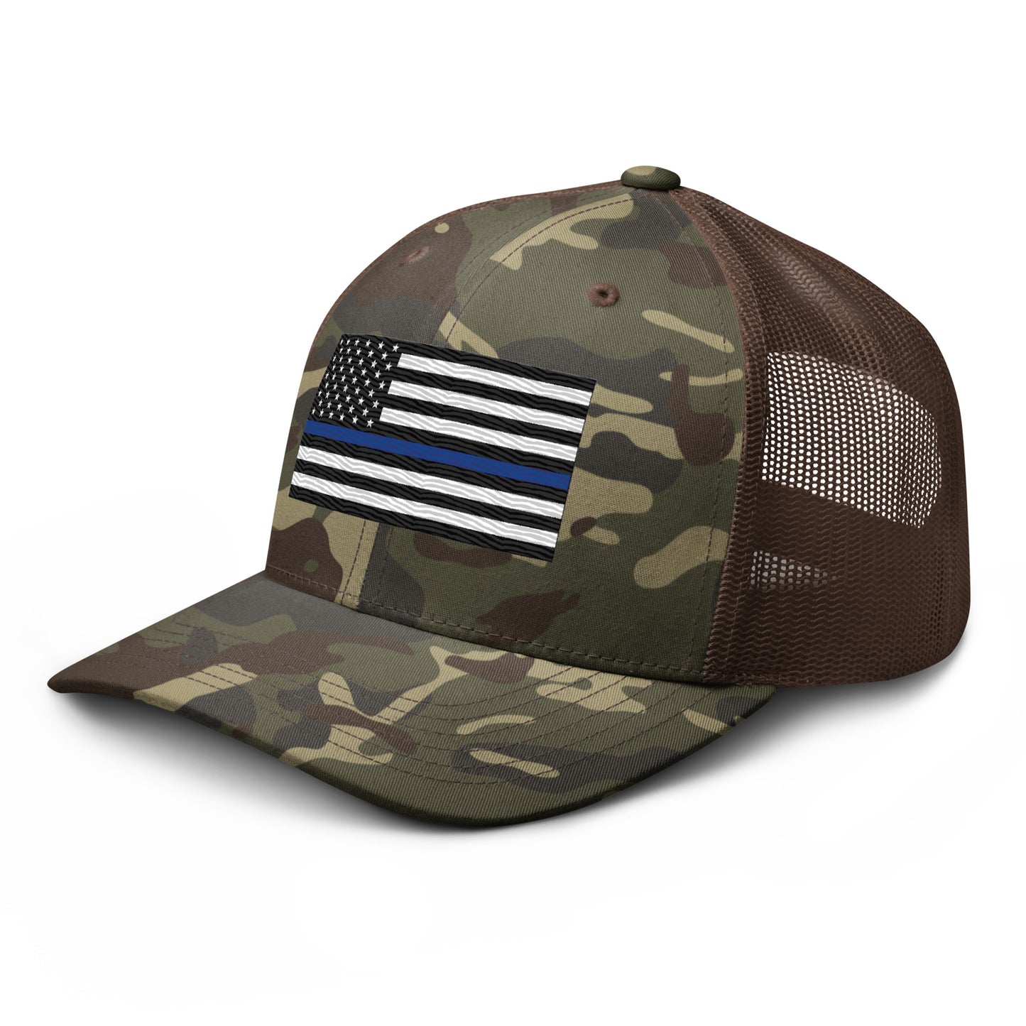 Embroidered Thin Blue Line Flag | Camouflage Trucker Cap Camouflage Trucker Cap Gun Beaver   