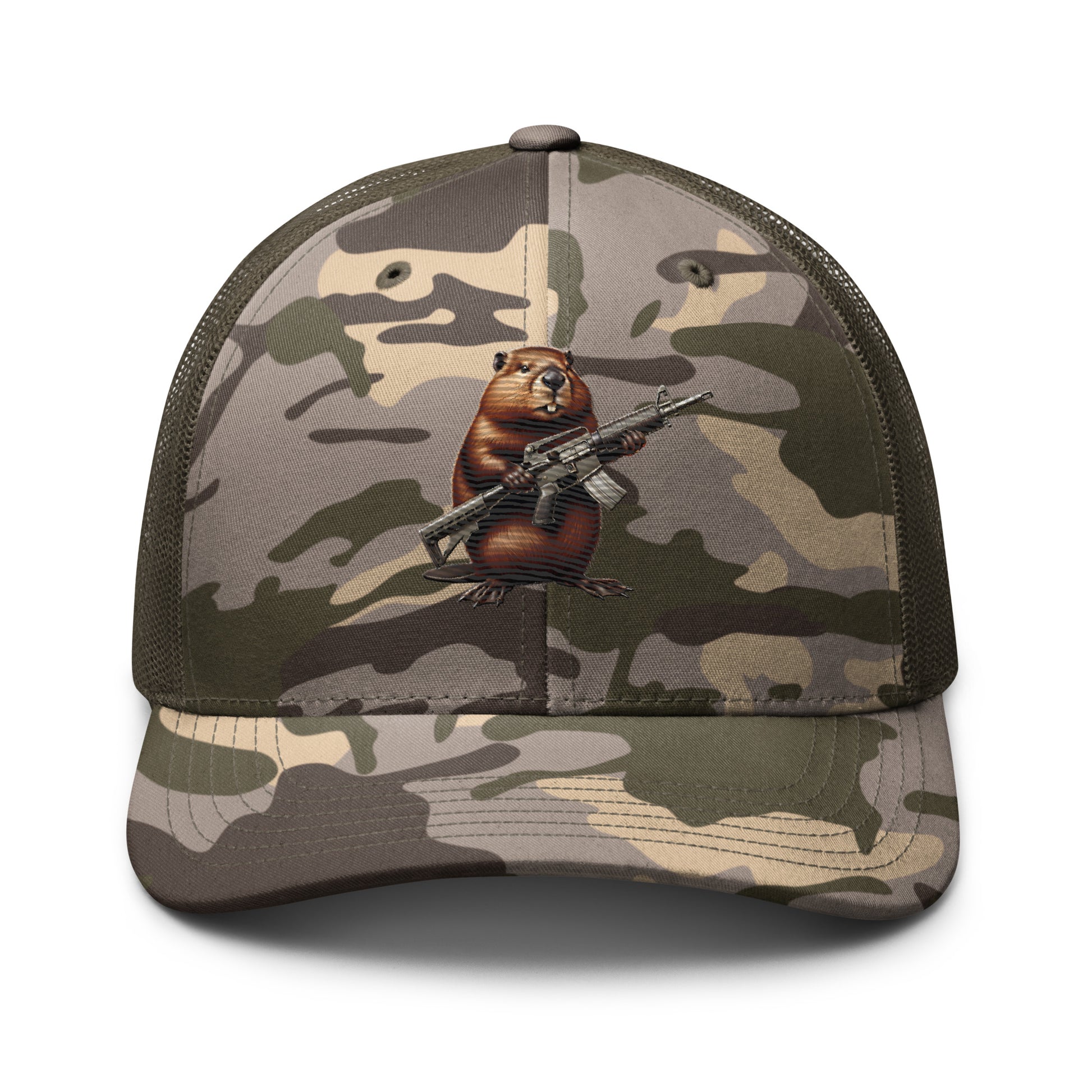 Embroidered Gun Beaver Clutching Rifle | Camouflage Trucker Cap Camouflage Trucker Cap Gun Beaver Camo/Olive  