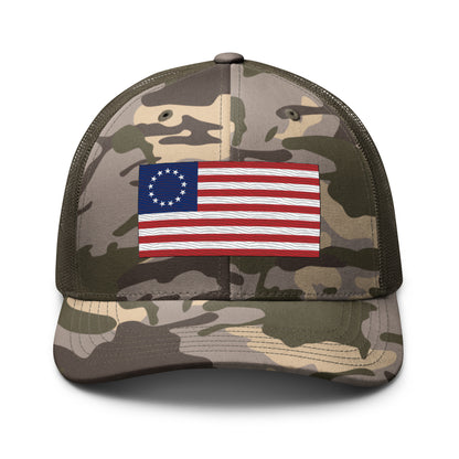 Embroidered Betsy Ross Flag | Camouflage Trucker Cap Camouflage Trucker Cap Gun Beaver Camo/Olive  