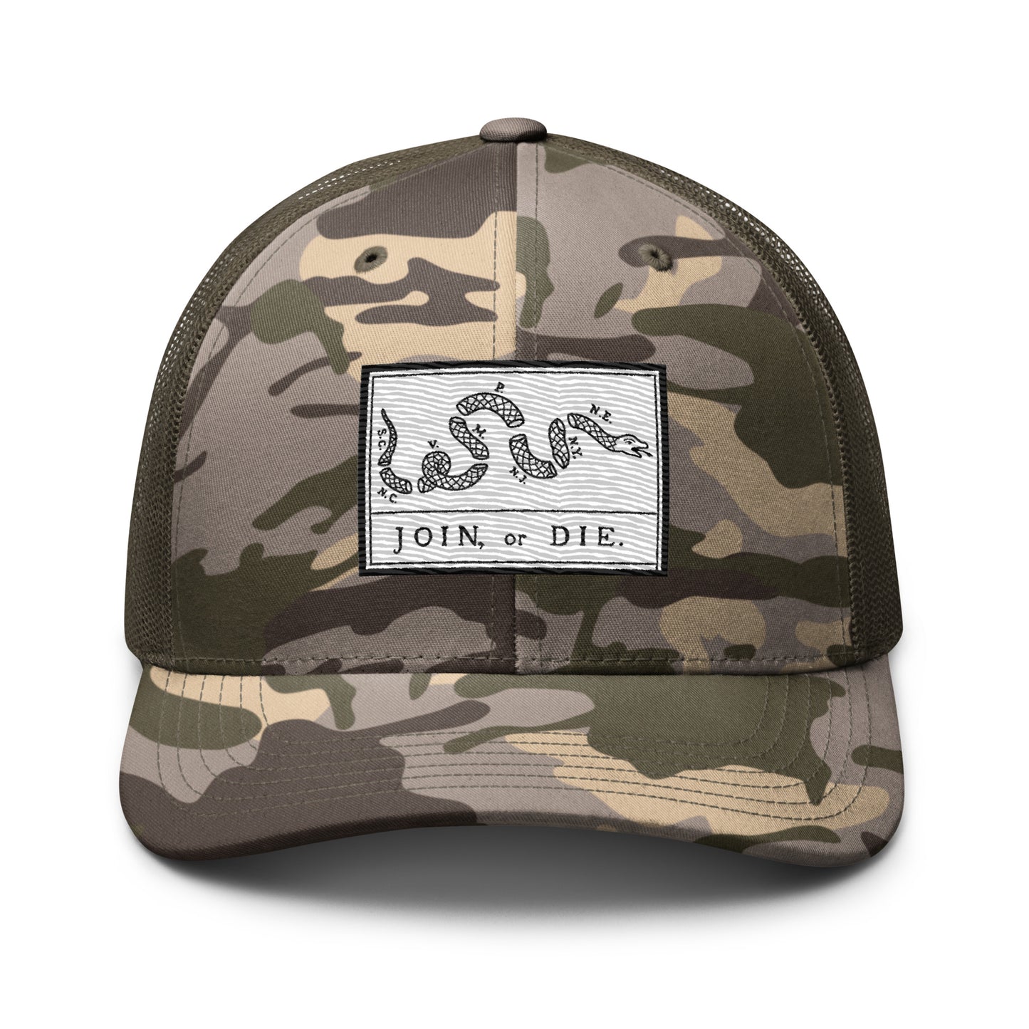 Embroidered “Join or Die" Flag | Camouflage Trucker Cap Camouflage Trucker Cap Gun Beaver Camo/Olive  