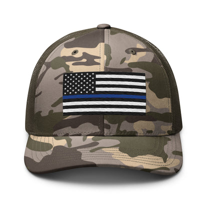 Embroidered Thin Blue Line Flag | Camouflage Trucker Cap Camouflage Trucker Cap Gun Beaver Camo/Olive  