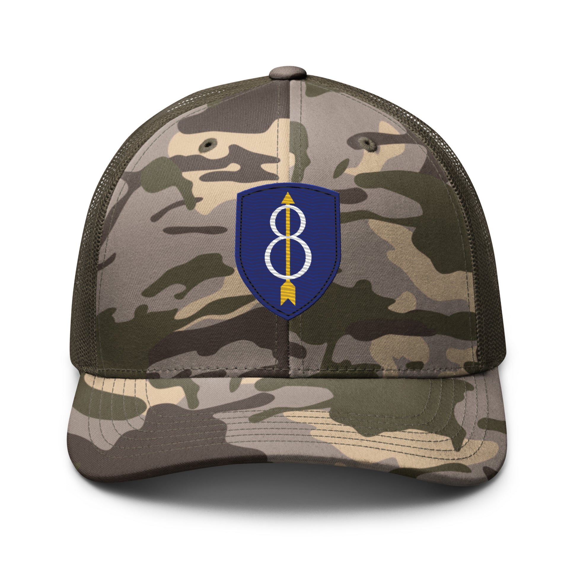 Embroidered 8th Infantry Division Insignia ("Pathfinder") | Camouflage Trucker Cap Camouflage Trucker Cap Gun Beaver Camo/Olive  