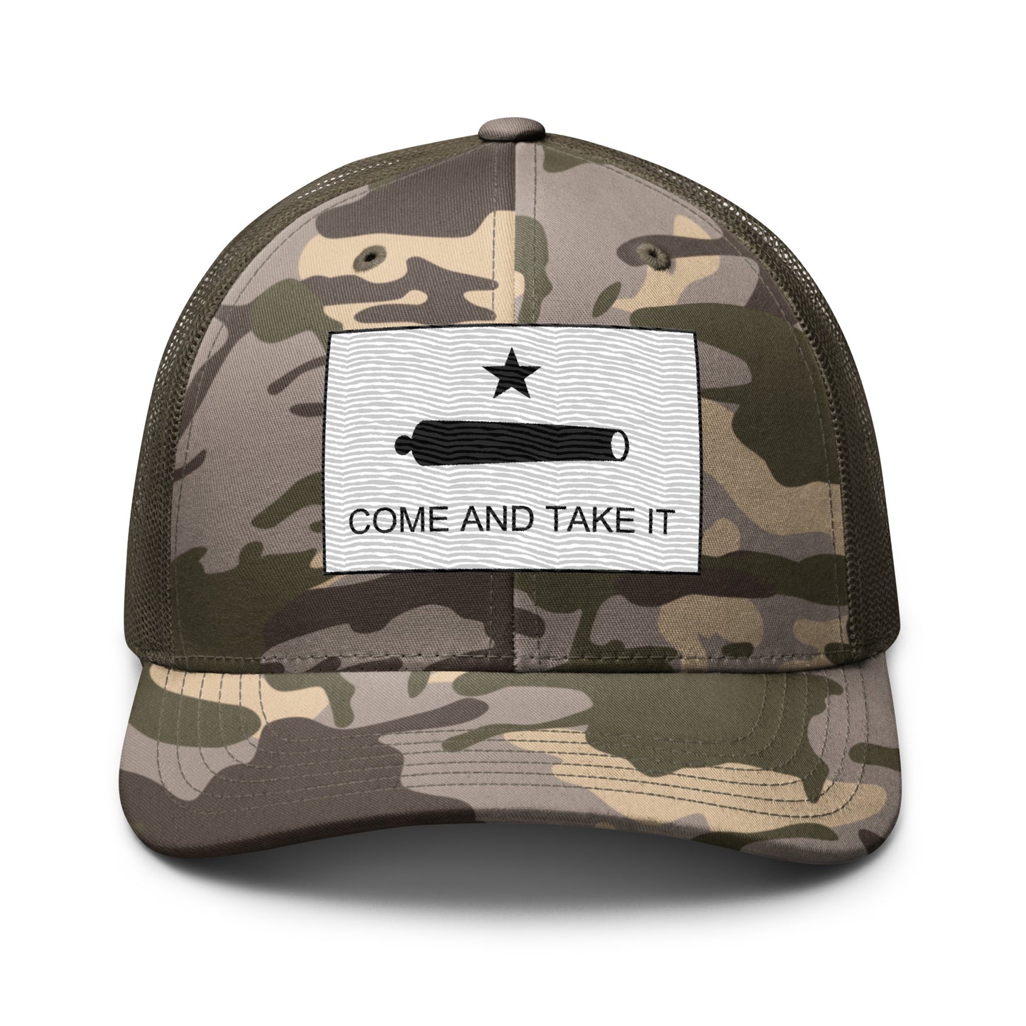 Embroidered "Come and Take It" Gonzales Flag | Camouflage Trucker Cap Camouflage Trucker Cap Gun Beaver Camo/Olive  