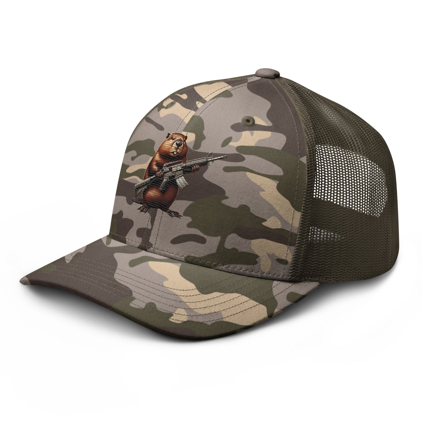 Embroidered Gun Beaver Clutching Rifle | Camouflage Trucker Cap Camouflage Trucker Cap Gun Beaver   