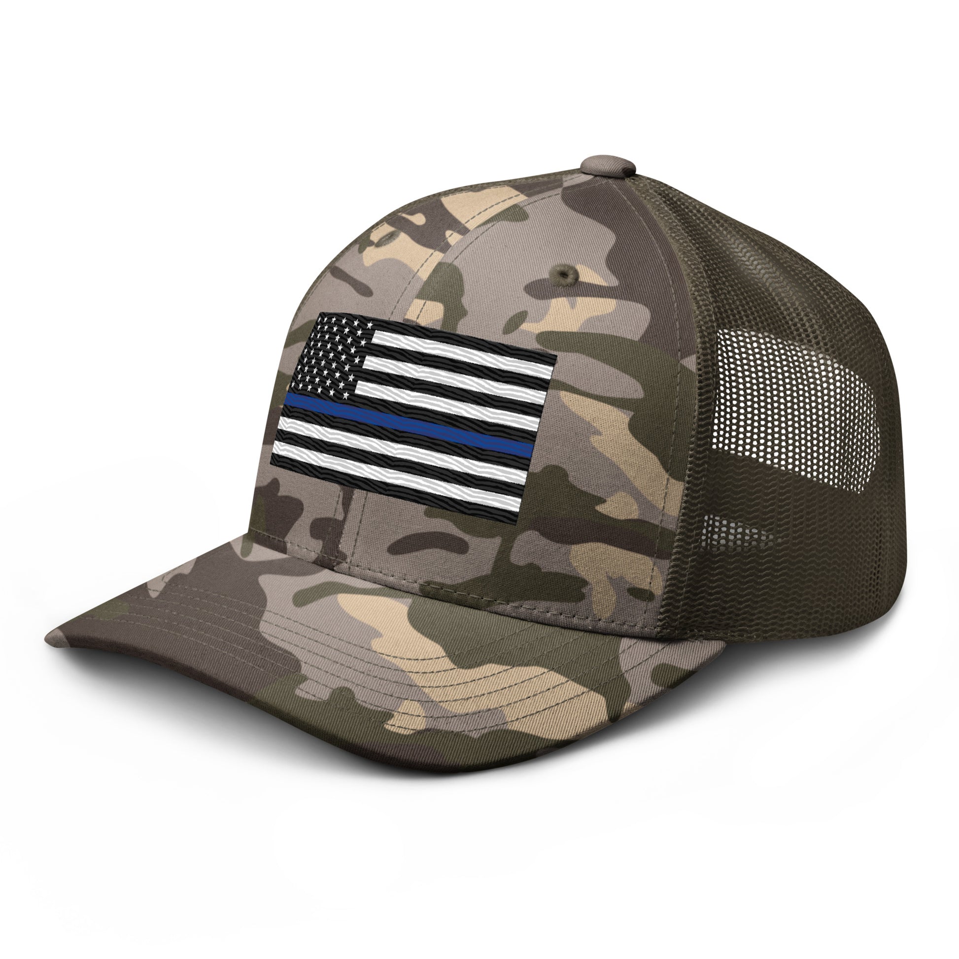 Embroidered Thin Blue Line Flag | Camouflage Trucker Cap Camouflage Trucker Cap Gun Beaver   