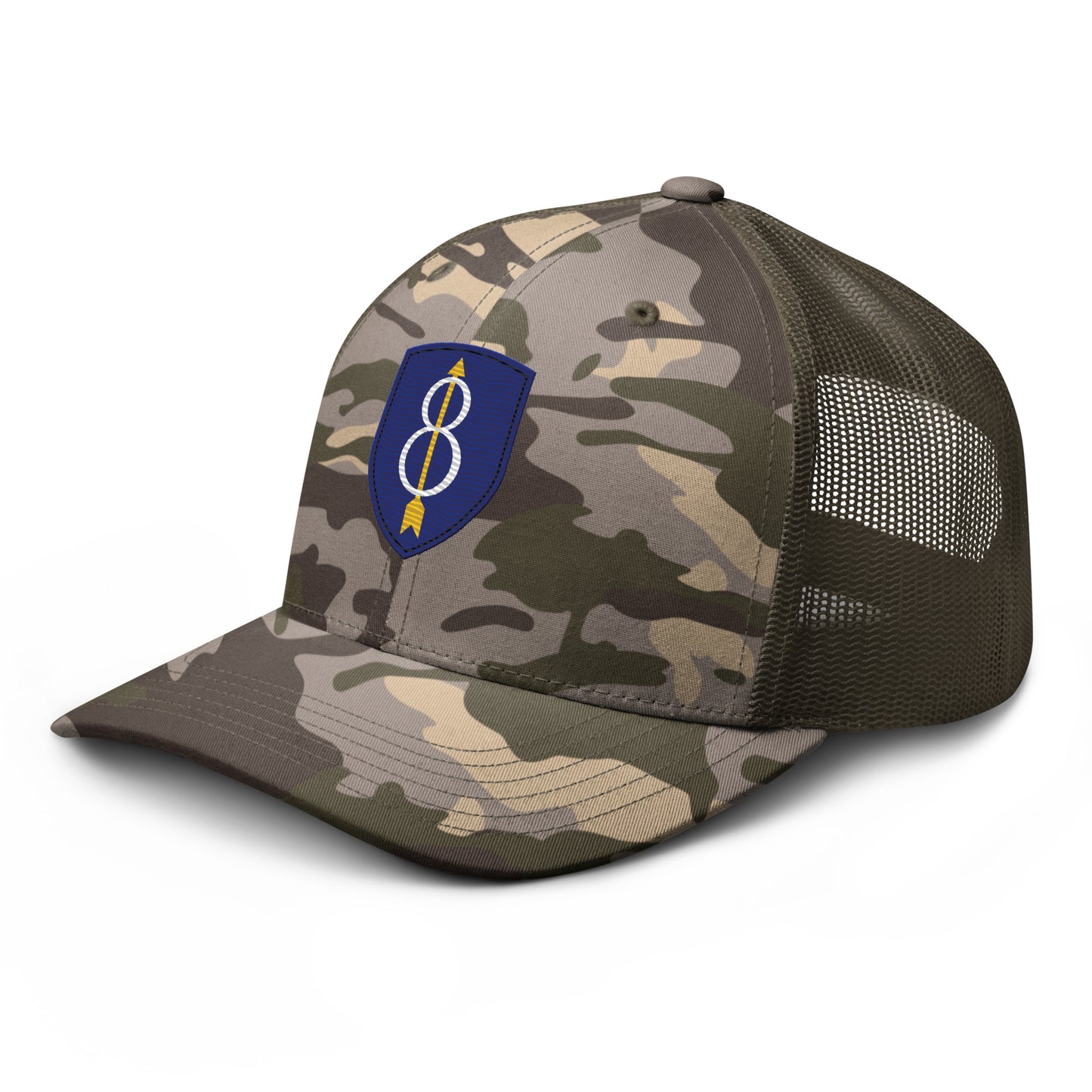 Embroidered 8th Infantry Division Insignia ("Pathfinder") | Camouflage Trucker Cap Camouflage Trucker Cap Gun Beaver   