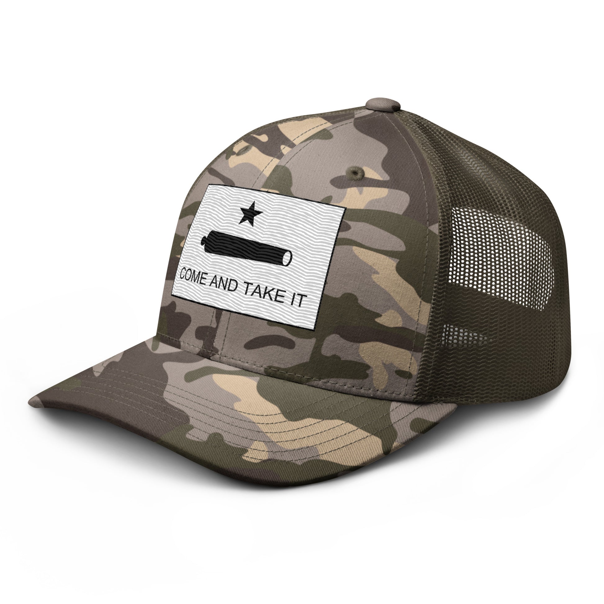 Embroidered "Come and Take It" Gonzales Flag | Camouflage Trucker Cap Camouflage Trucker Cap Gun Beaver   