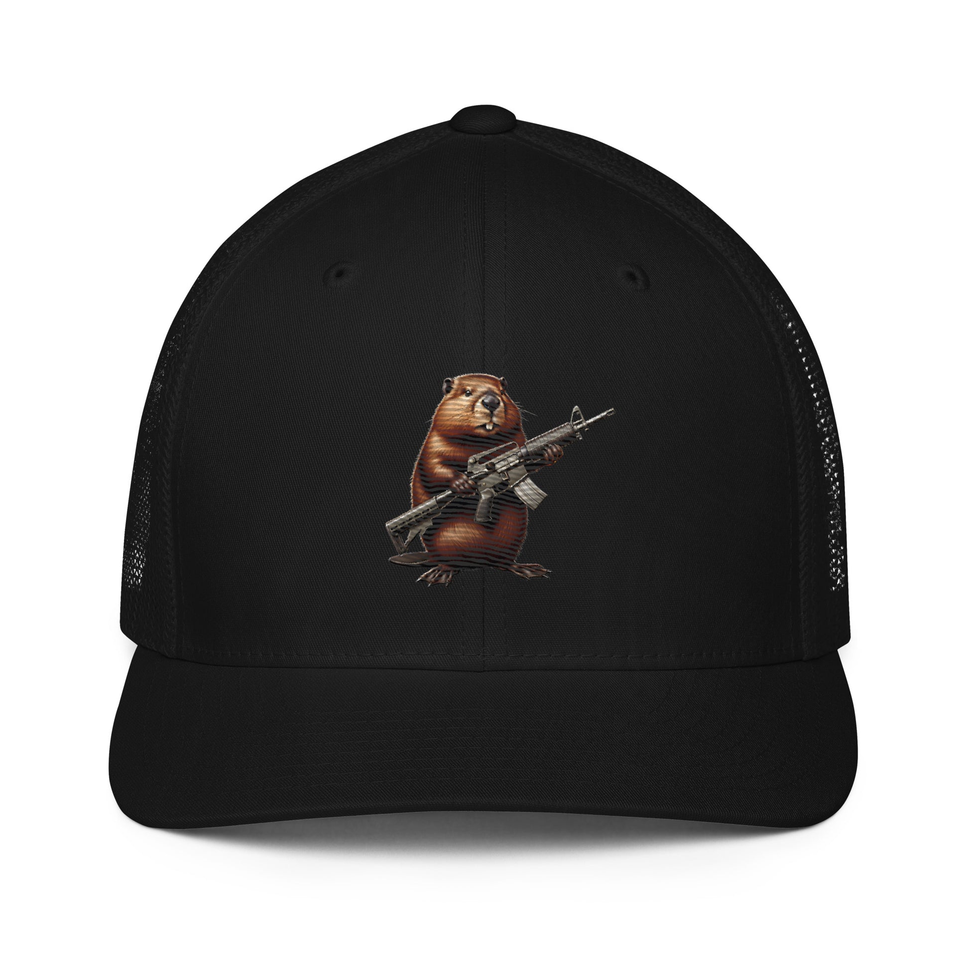 Embroidered Gun Beaver Clutching Rifle | Closed-Back Trucker Cap | Flexfit 6511 Flexfit 6511 Gun Beaver Black  