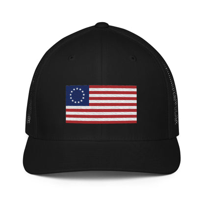 Embroidered Betsy Ross Flag | Closed-Back Trucker Cap | Flexfit 6511 Flexfit 6511 Gun Beaver Black  