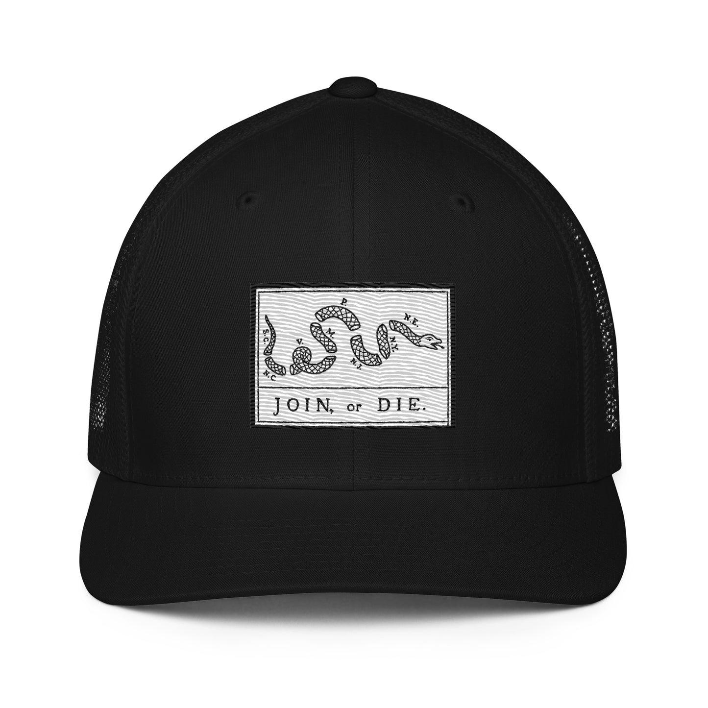 Embroidered “Join or Die" Flag | Closed-Back Trucker Cap | Flexfit 6511 Flexfit 6511 Gun Beaver Black  