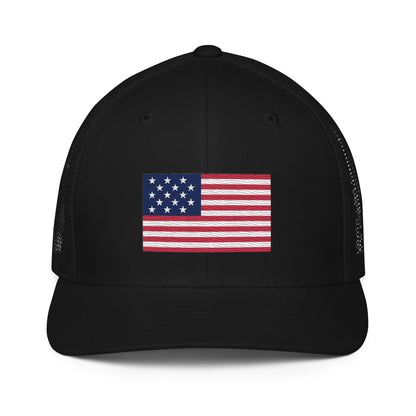 Embroidered 1812 Flag ("The Star-Spangled Banner") | Closed-Back Trucker Cap | Flexfit 6511 Flexfit 6511 Gun Beaver Black  