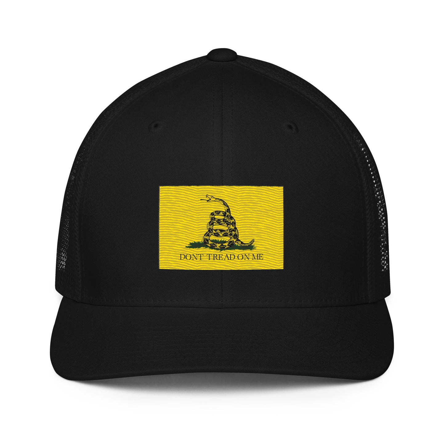 Embroidered "Don't Tread on Me" Gadsden Flag | Closed-Back Trucker Cap | Flexfit 6511 Flexfit 6511 Gun Beaver Black  