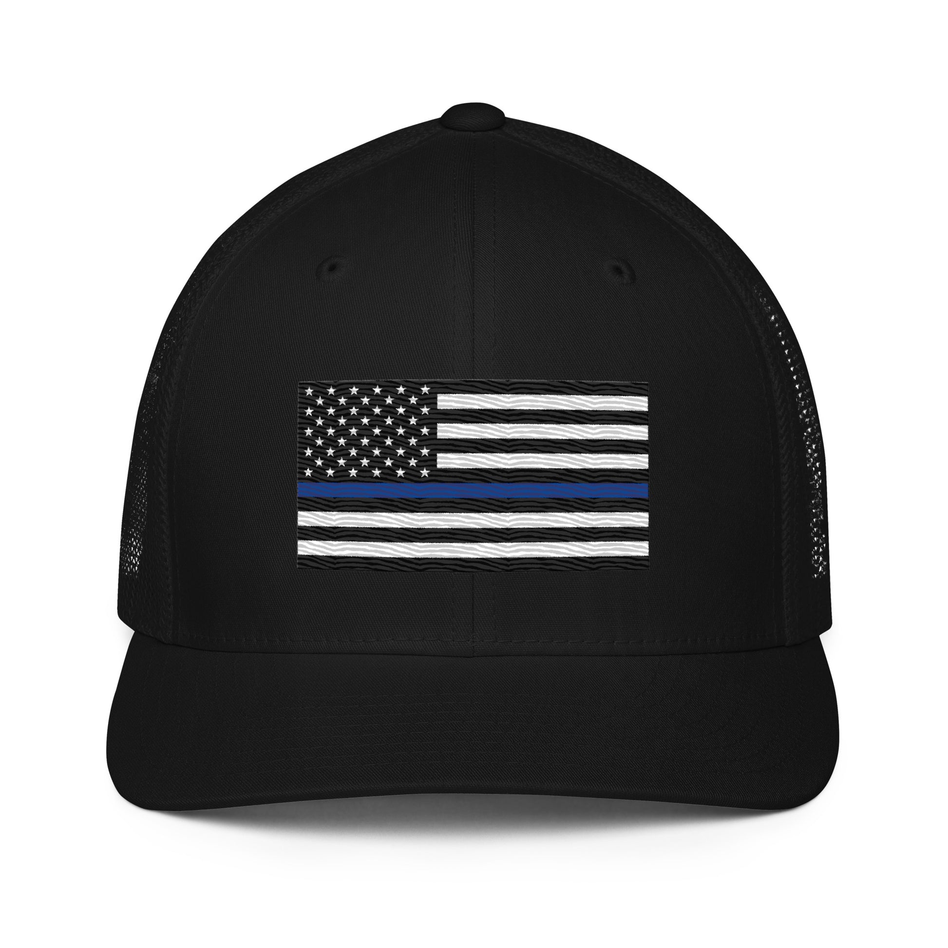 Embroidered Thin Blue Line Flag | Closed-Back Trucker Cap | Flexfit 6511 Flexfit 6511 Gun Beaver Black  