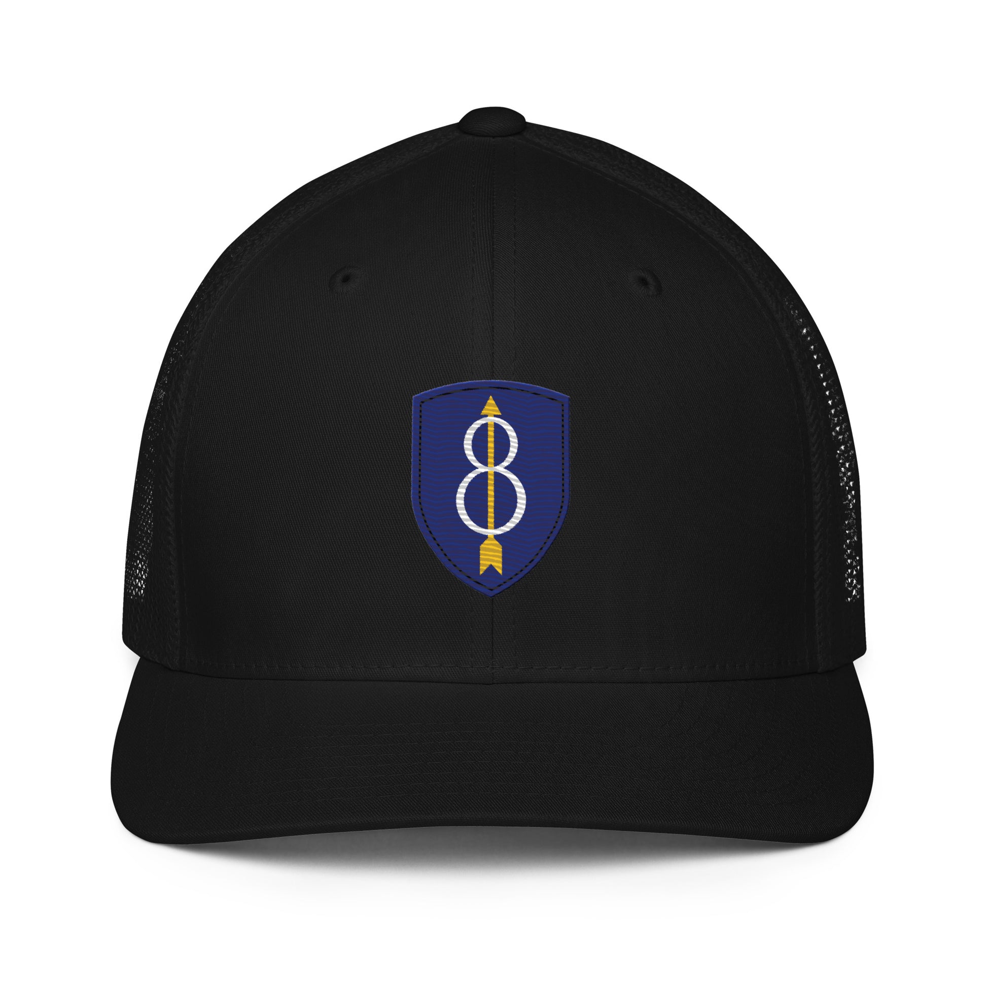 Embroidered 8th Infantry Division Insignia ("Pathfinder") | Closed-Back Trucker Cap | Flexfit 6511 Flexfit 6511 Gun Beaver Black  