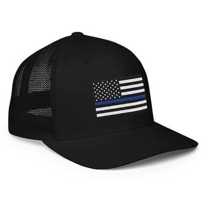 Embroidered Thin Blue Line Flag | Closed-Back Trucker Cap | Flexfit 6511 Flexfit 6511 Gun Beaver   