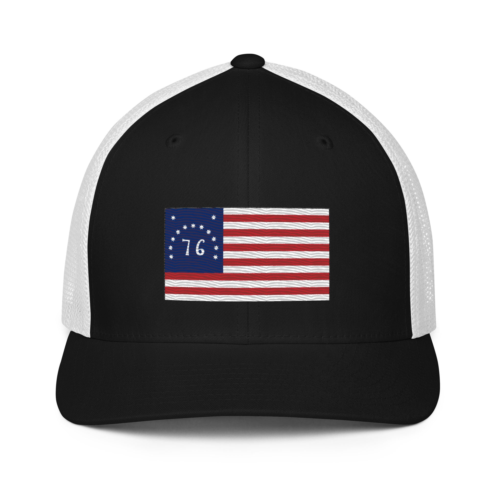 Embroidered Bennington Flag | Closed-Back Trucker Cap | Flexfit 6511 Flexfit 6511 Gun Beaver Black/White  